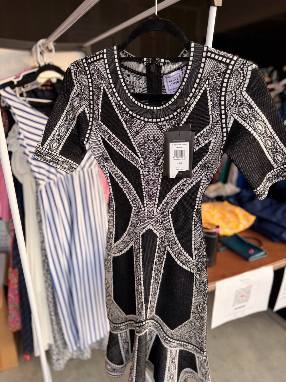 Herve Leger Black and White Geometric Midi Dress